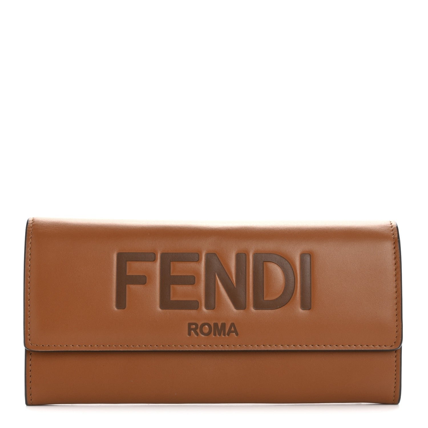 Fendi Vitello King Tamponato Logo Embossed Continental Wallet Cuoio