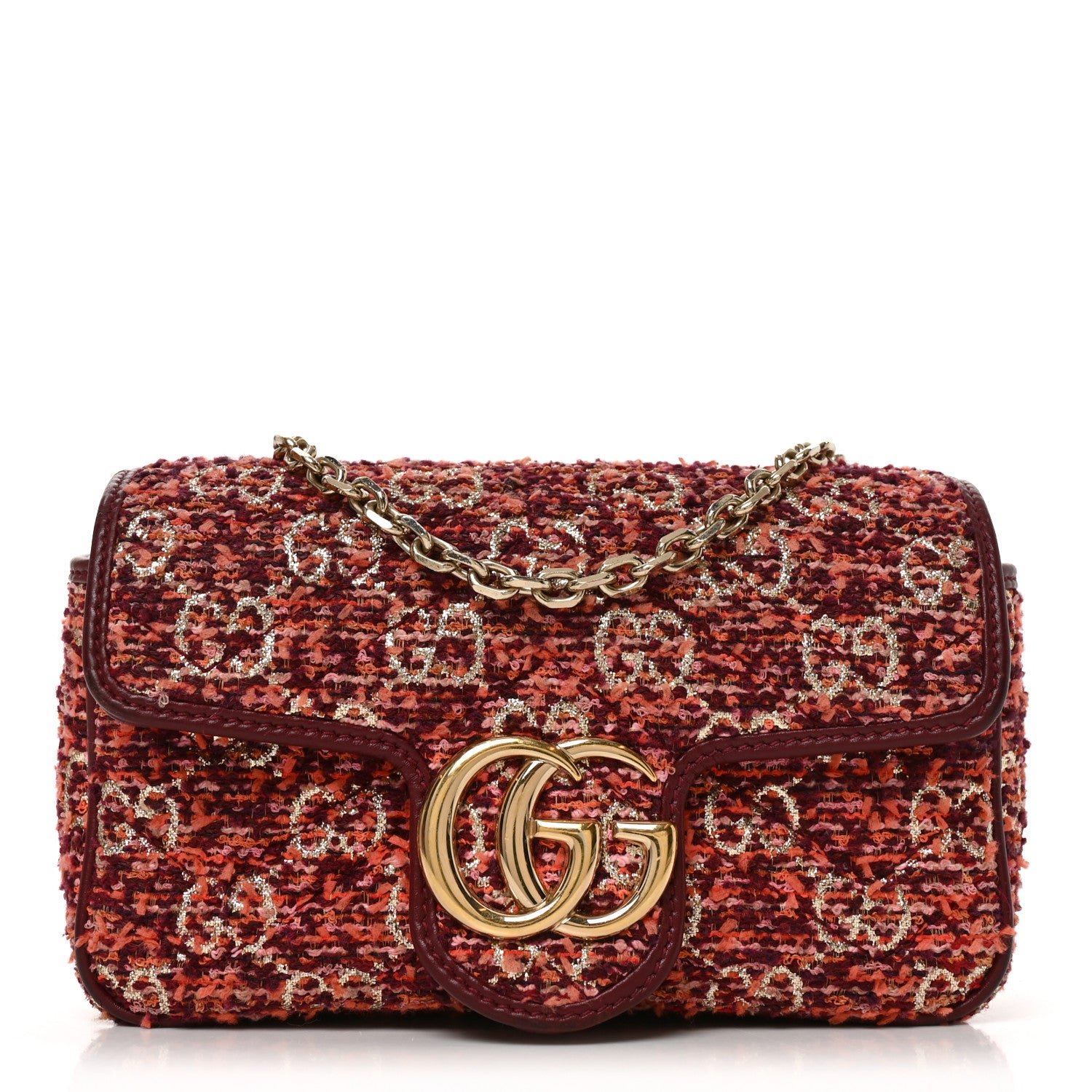 Gucci Tweed GG Monogram Mini GG Marmont Shoulder Bag Pink Red