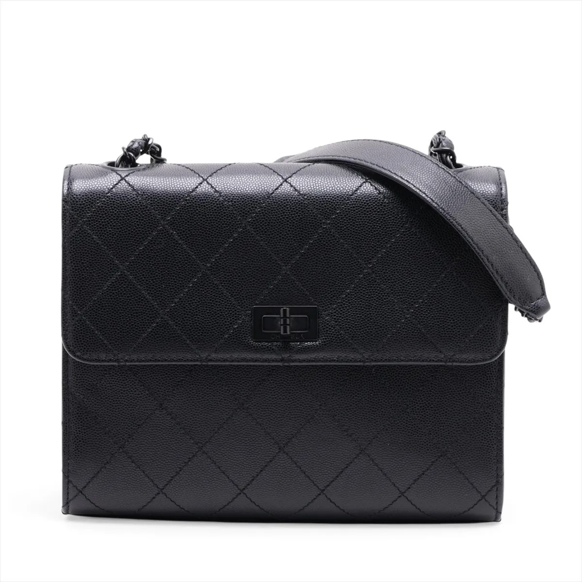 Chanel Matelasse Caviar Skin Single Flap Single Chain Bag 2.55 Black Black Metal