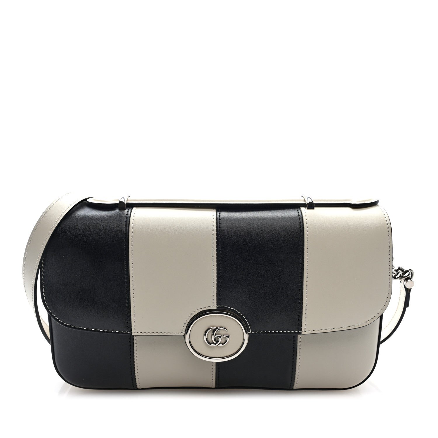 Gucci Senna Calfskin Lines Petite GG Top Handle Shoulder Bag Black Mystic White
