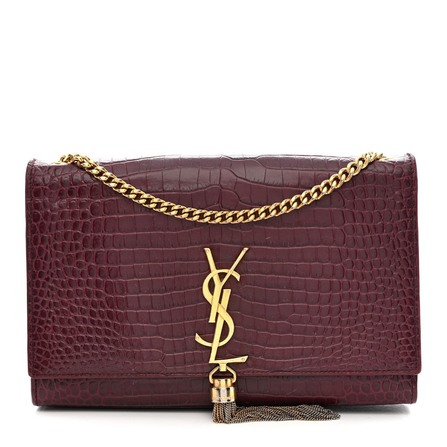 Saint Laurent Calfskin Crocodile Embossed Medium Classic Monogram Kate Tassel Satchel Dark Red