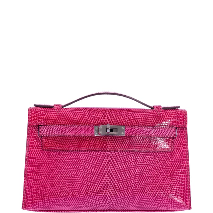 Hermes Hermès Kelly Pochette Fuchsia Shiny Niloticus Lizard Palladium Hardware