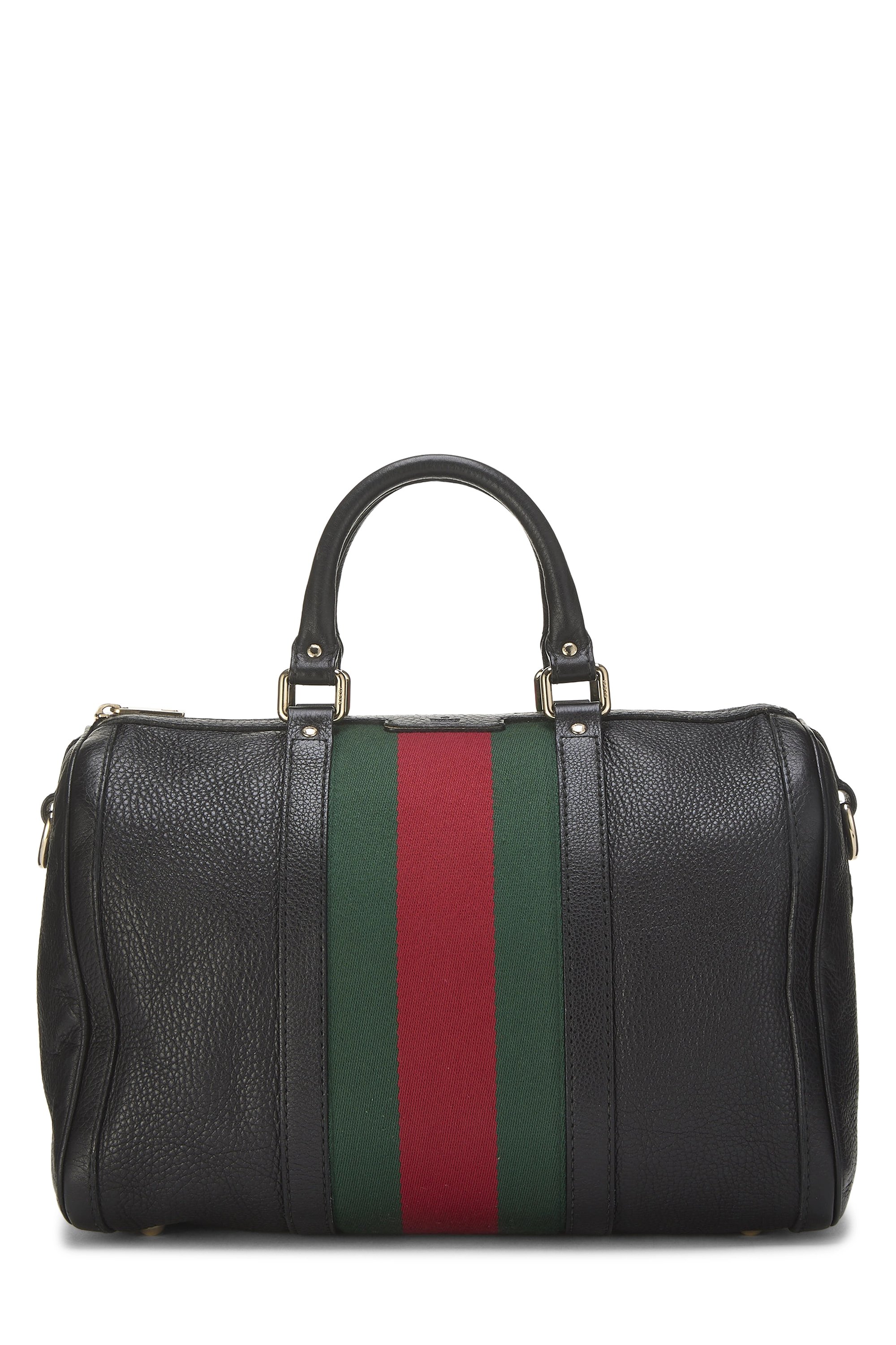 Black Leather Web Boston Bag Medium