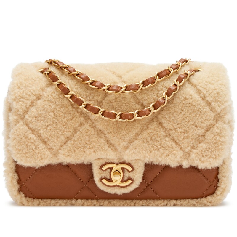 Beige Quilted Teddy Shearling and Caramel Brown Quilted Lambskin Medium Furry Coco Flap Bag Brushed Gold Hardware, 2024