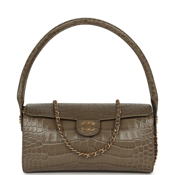 Chanel Chanel Barrel Clutch Bag with Chain Dark Khaki Croc Embossed Calfskin Gold Hardware