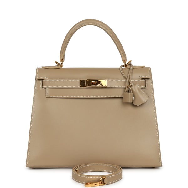 Vintage Hermes Kelly Sellier 28 Argile Box Calfskin Gold Hardware
