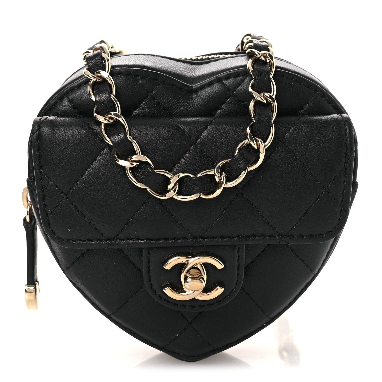 Chanel Lambskin Quilted CC In Love Heart Waist Belt Bag With Chain Black