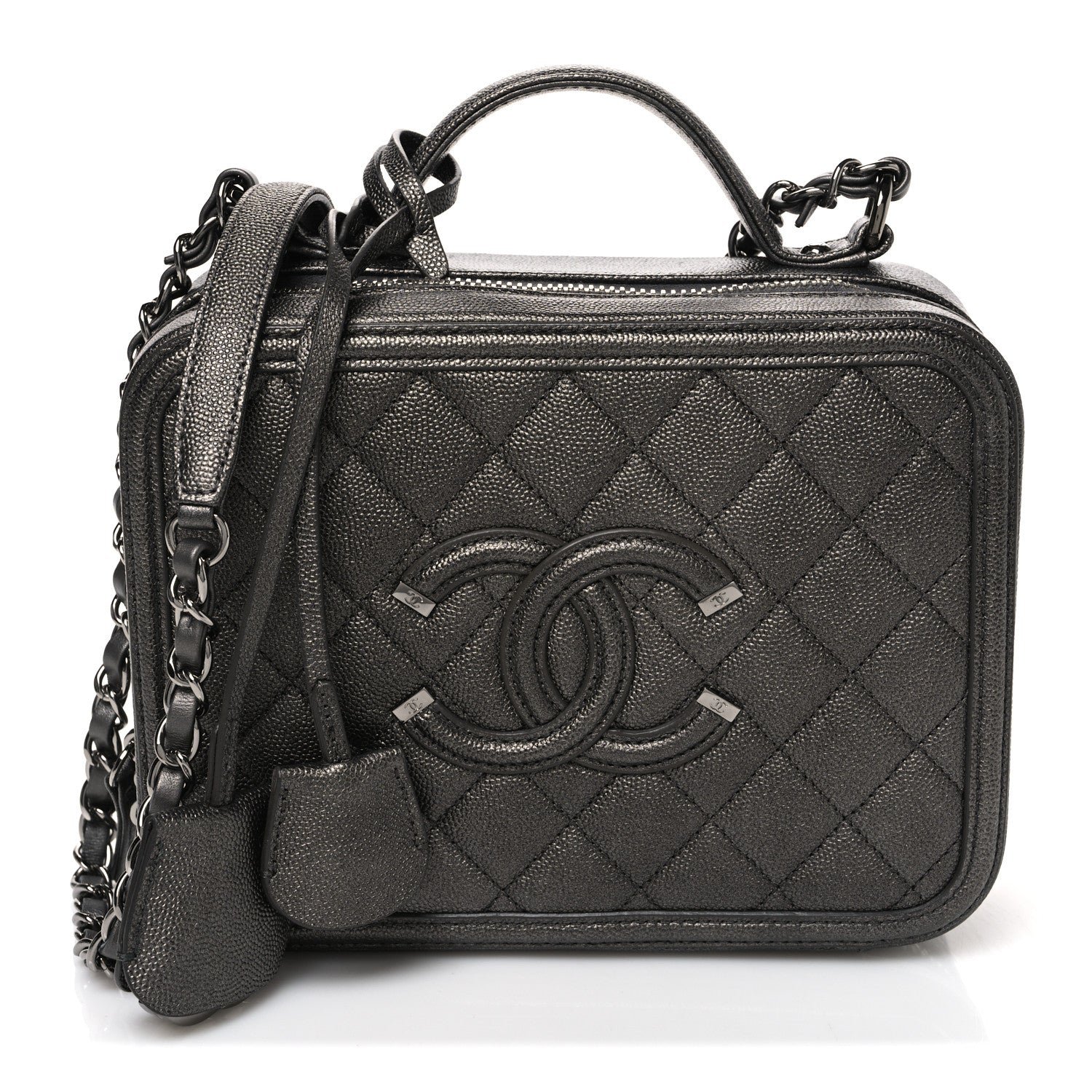 Chanel Metallic Caviar Quilted Medium CC Filigree Vanity Case Dark Silver