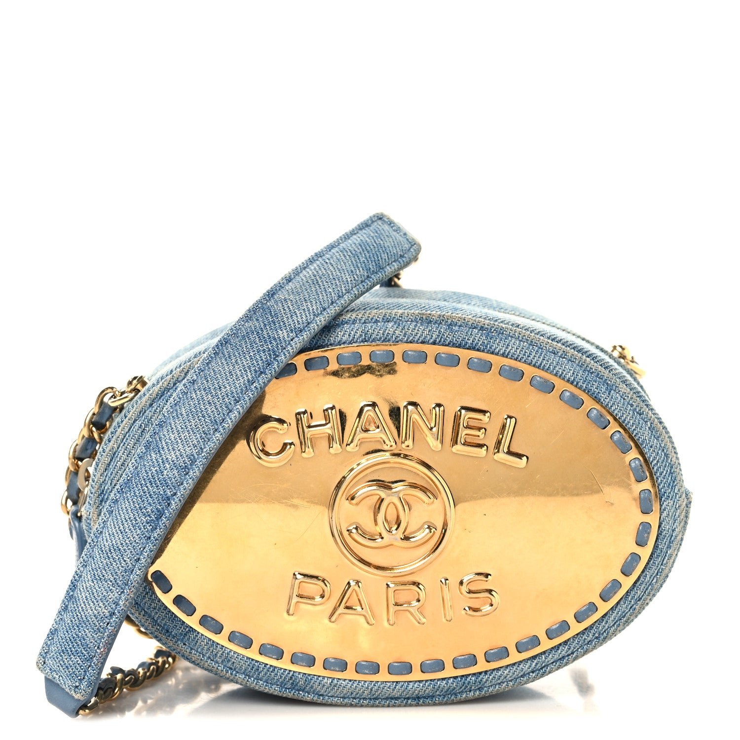 Chanel Denim Printed Chain Clutch Dark Blue