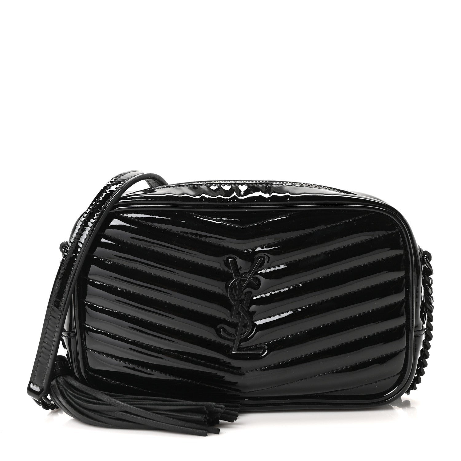 Saint Laurent Patent Calfskin Matelasse Monogram Mini Lou Camera Bag Black