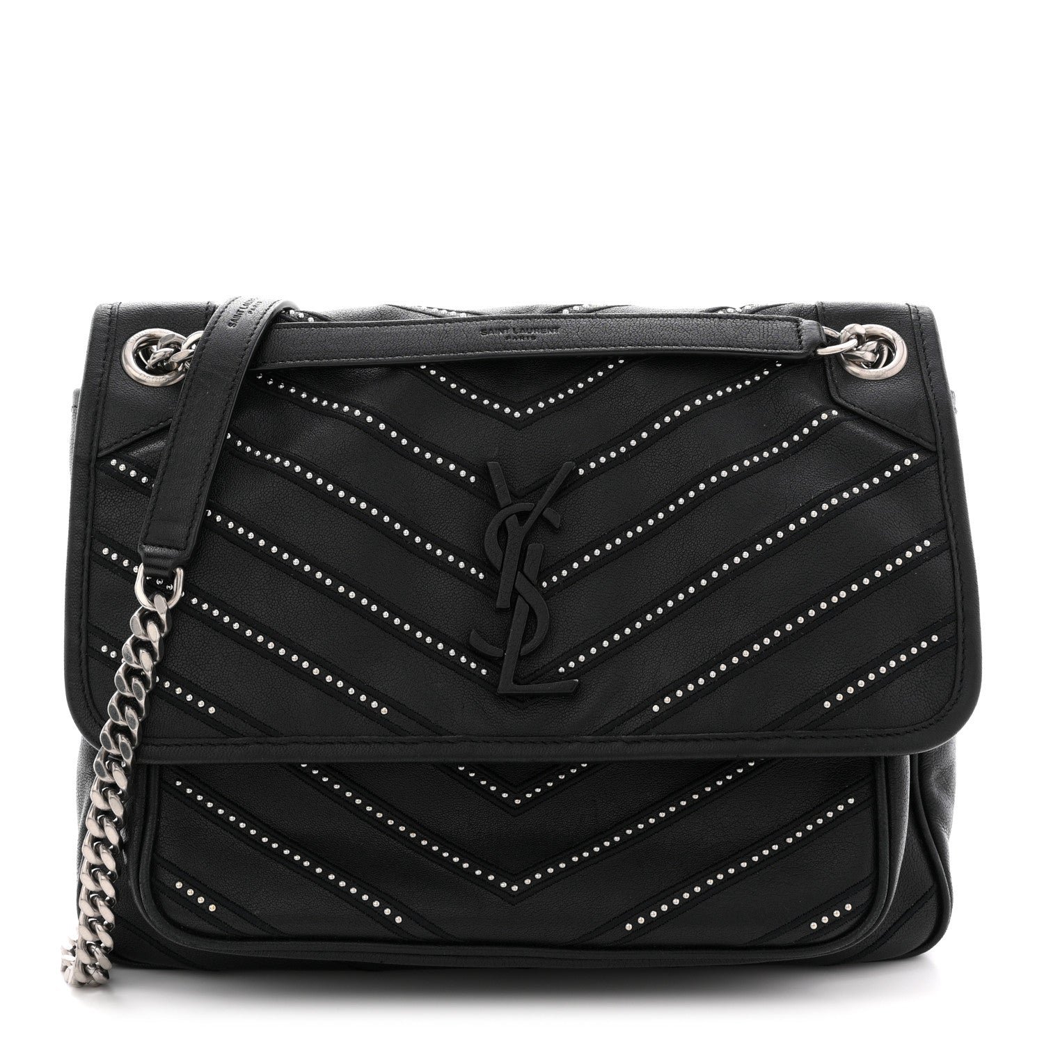 Saint Laurent Calfskin Matelasse Monogram Microstud Medium Niki Chain Satchel Black