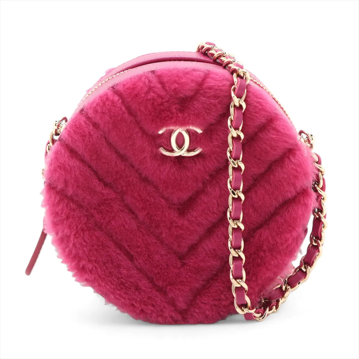 Chanel Chevron fur x leather Chain Shoulder Bag V Stitch Round Purple Gold Metal