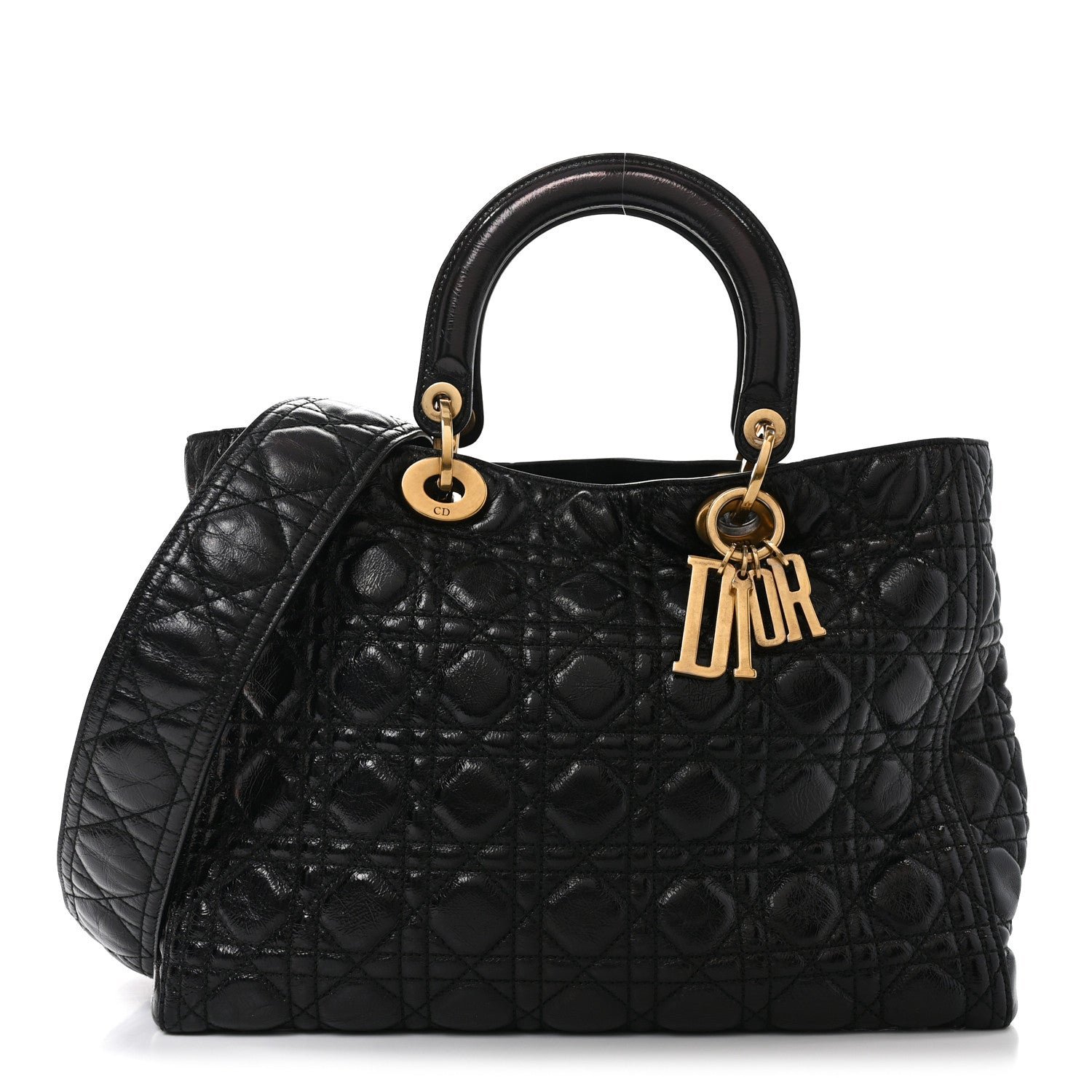 Christian Dior Crinkled Patent Cannage Large Lady Dior Black