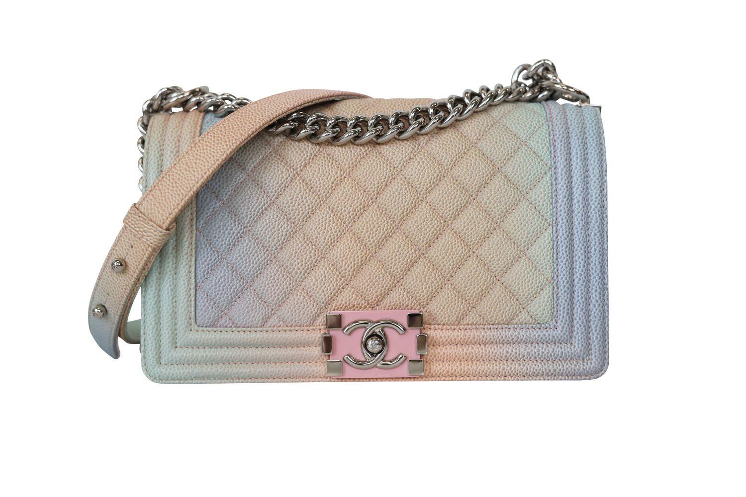 Chanel Boy Old Medium Bag, Pastel Rainbow Multicolor Caviar Leather and Silver Hardware, Preowned in Dustbag WA001