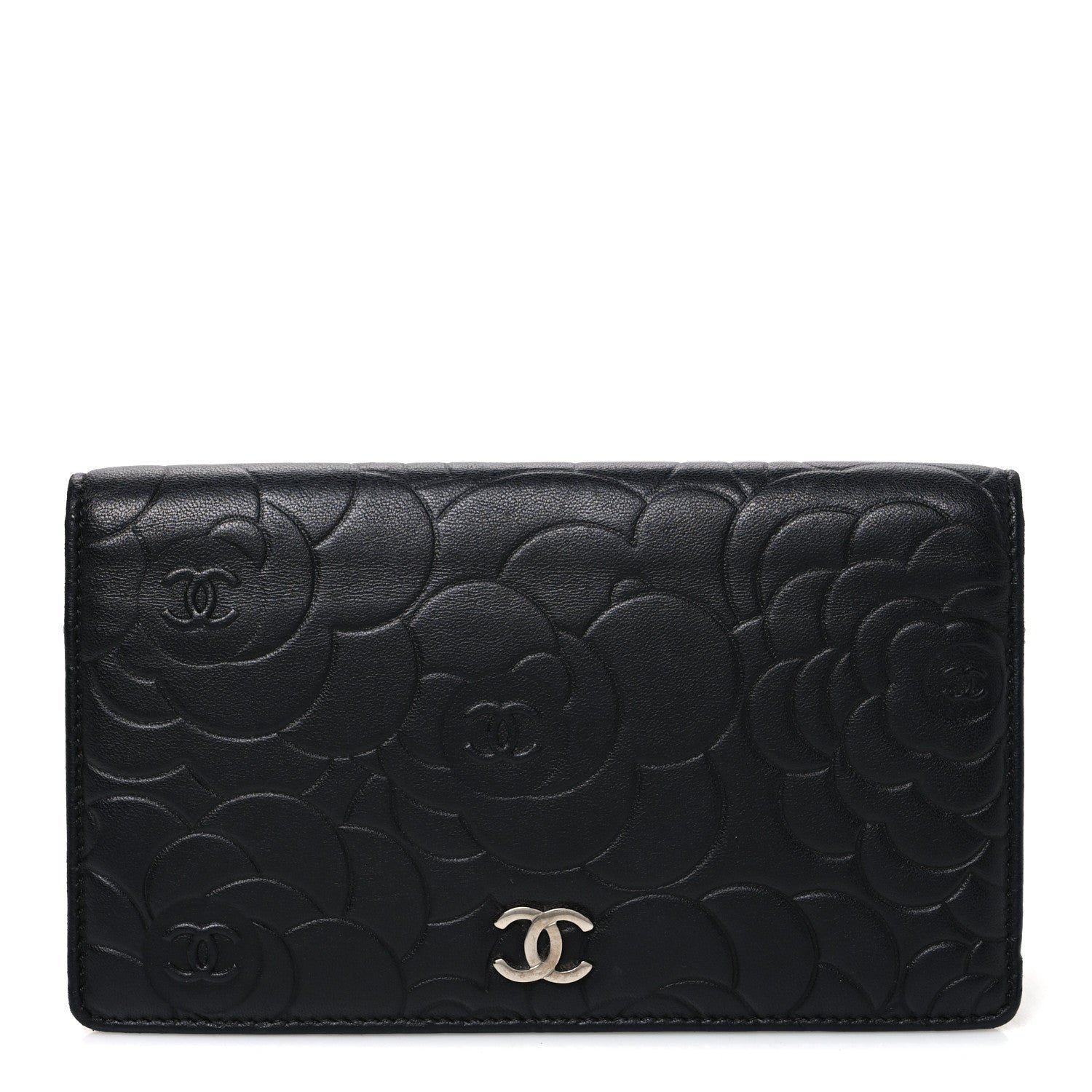 Chanel Lambskin Camellia Embossed Yen Wallet Black
