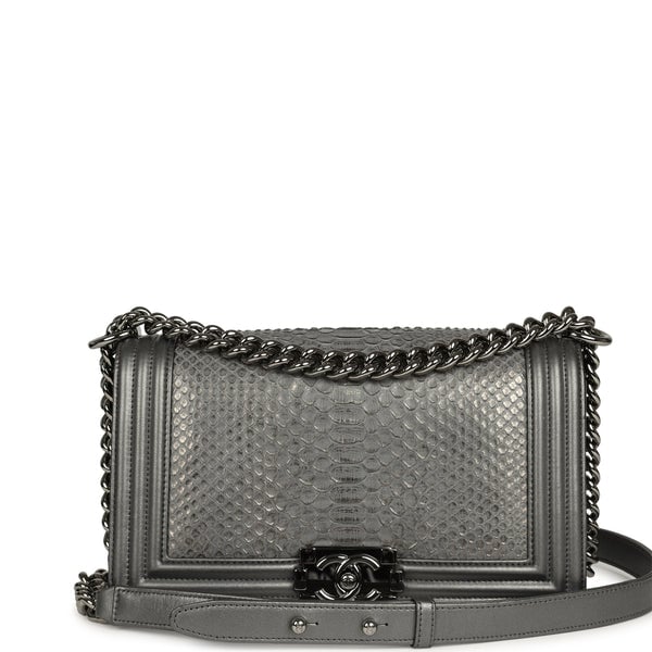 Pre-owned Chanel Medium Boy Bag Silver Python Ruthenium Hardware