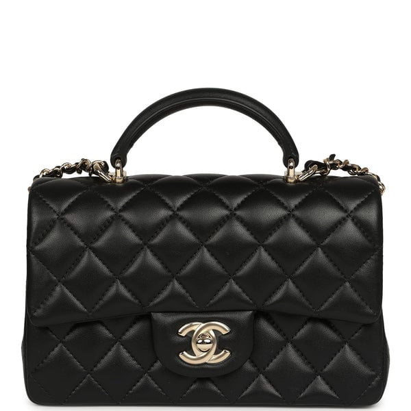 Chanel Mini Rectangular Top Handle Flap Bag Black Lambskin Light Gold Hardware