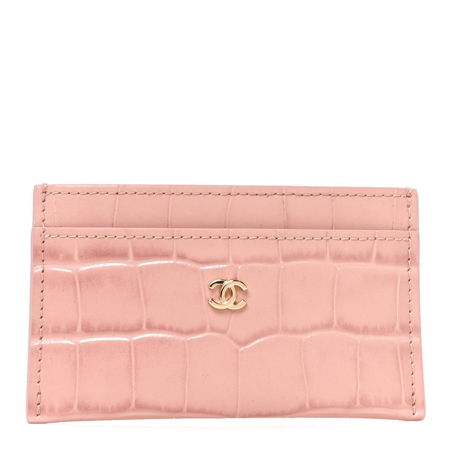 Chanel Calfskin Crocodile Embossed Crococo Card Holder Light Pink