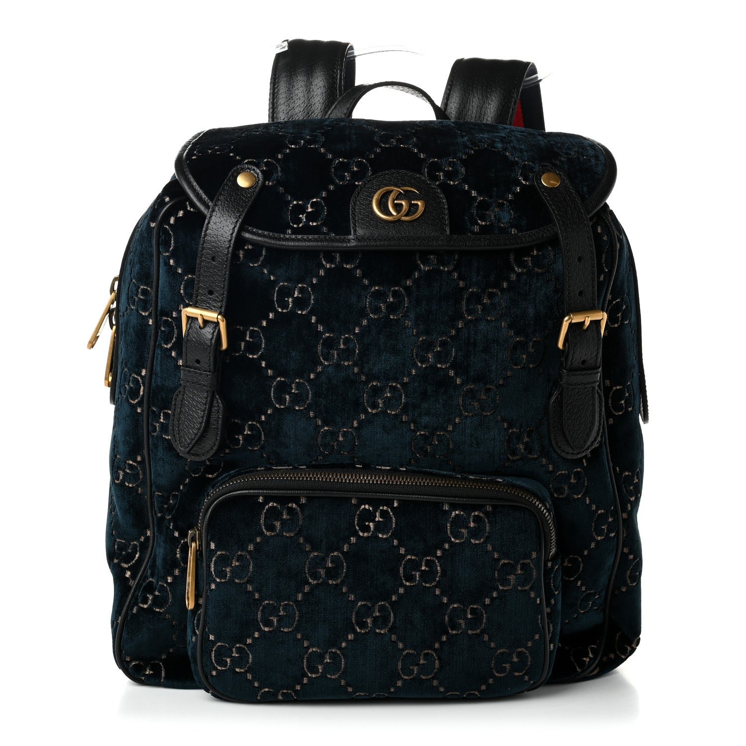 Gucci Velvet GG Monogram Textured Calfskin Web Small Double Buckle Backpack Blue Beige Black