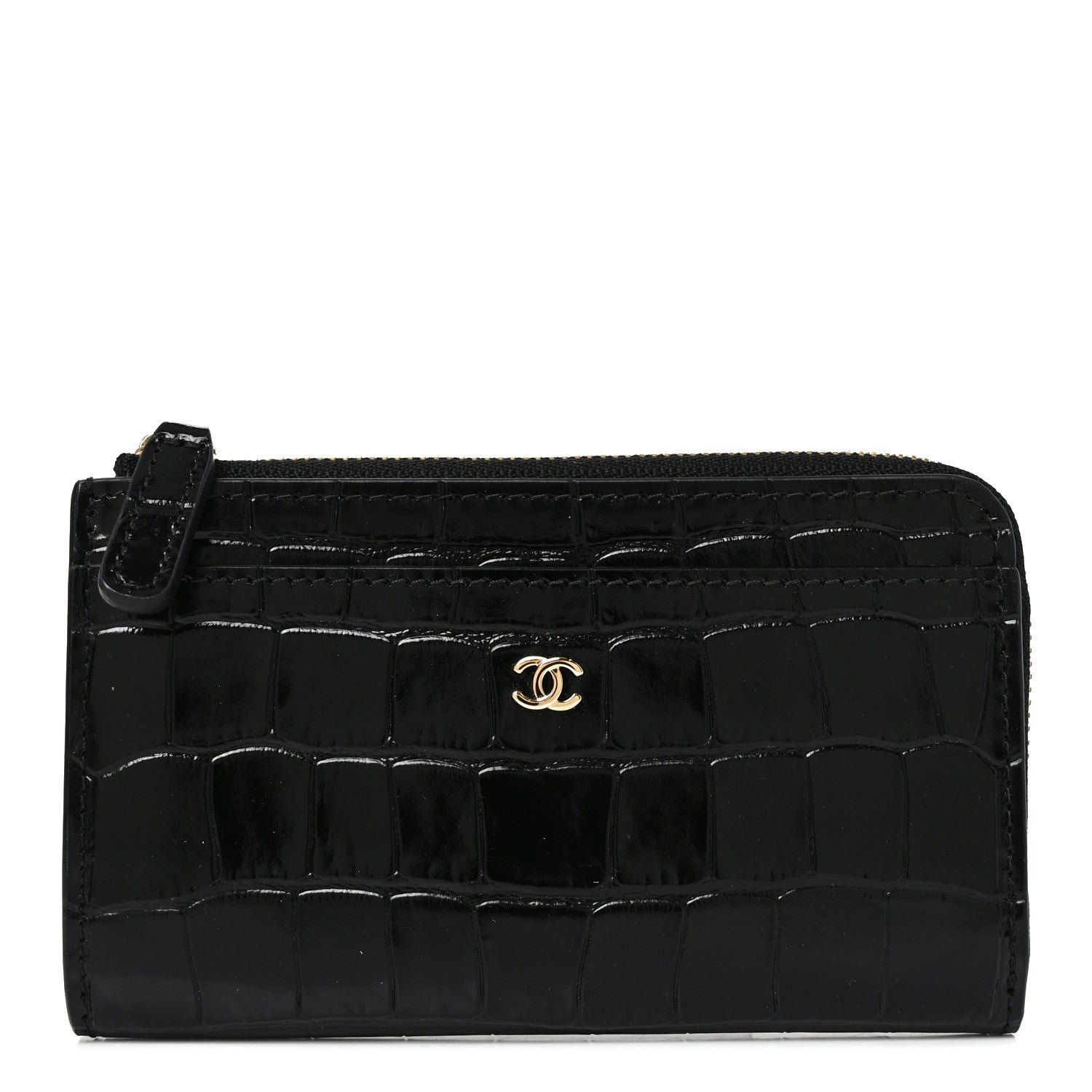 Chanel Calfskin Crocodile Embossed Crococo Zipped Card Holder Black