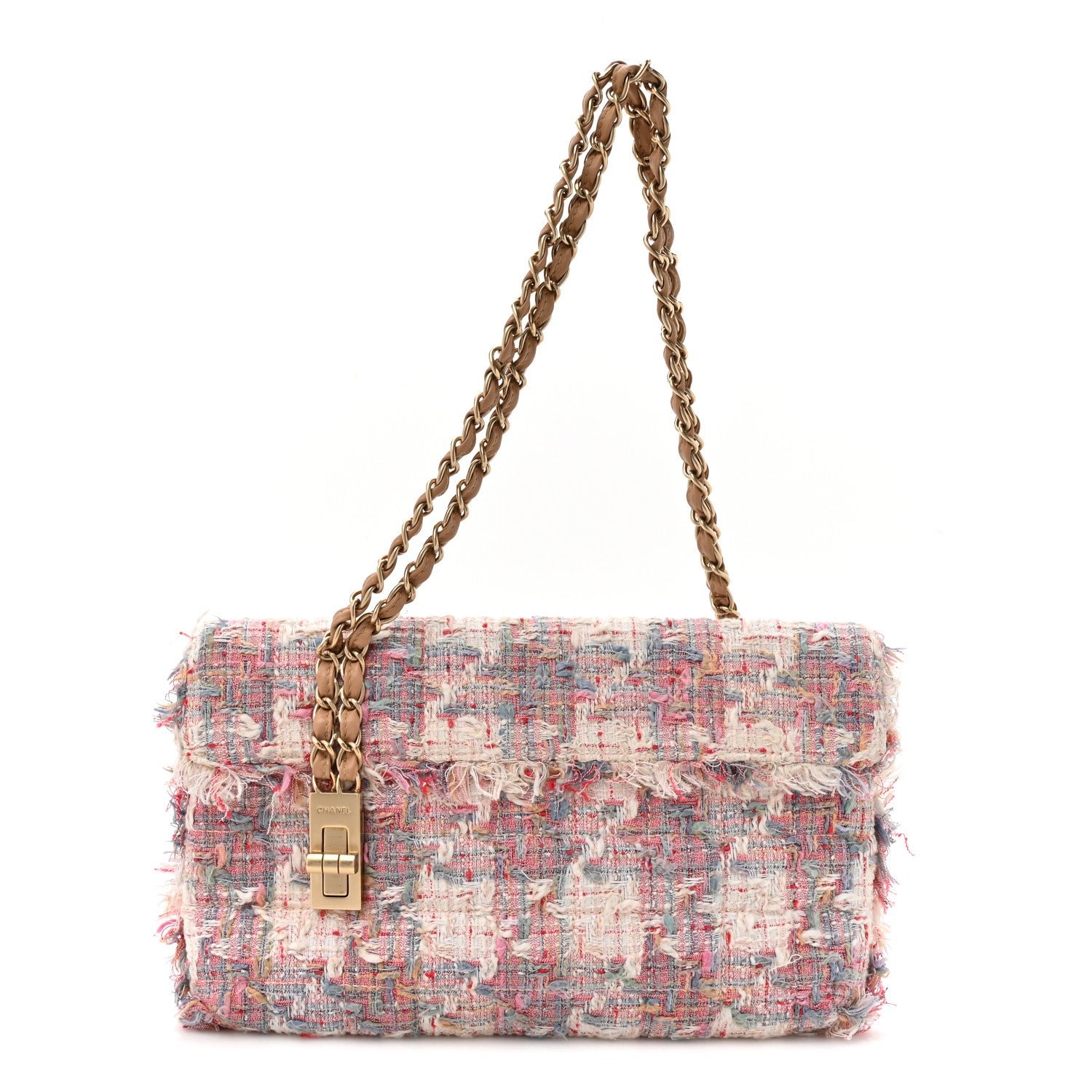 Chanel Tweed Vertical Lock Flap Bag Pink Multicolor