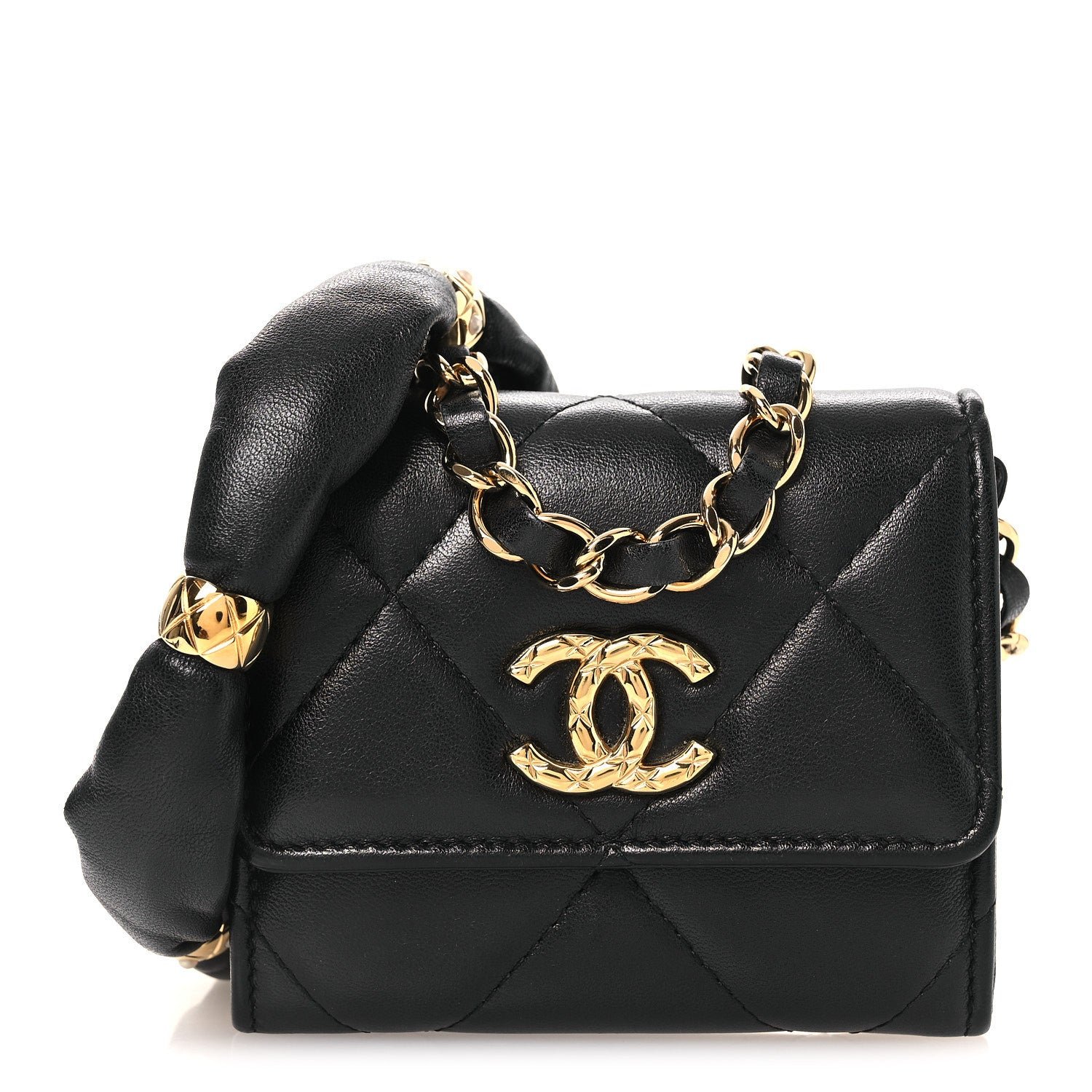 Chanel Lambskin Pearl Quilted CC Flap Card Holder With Chain  Black