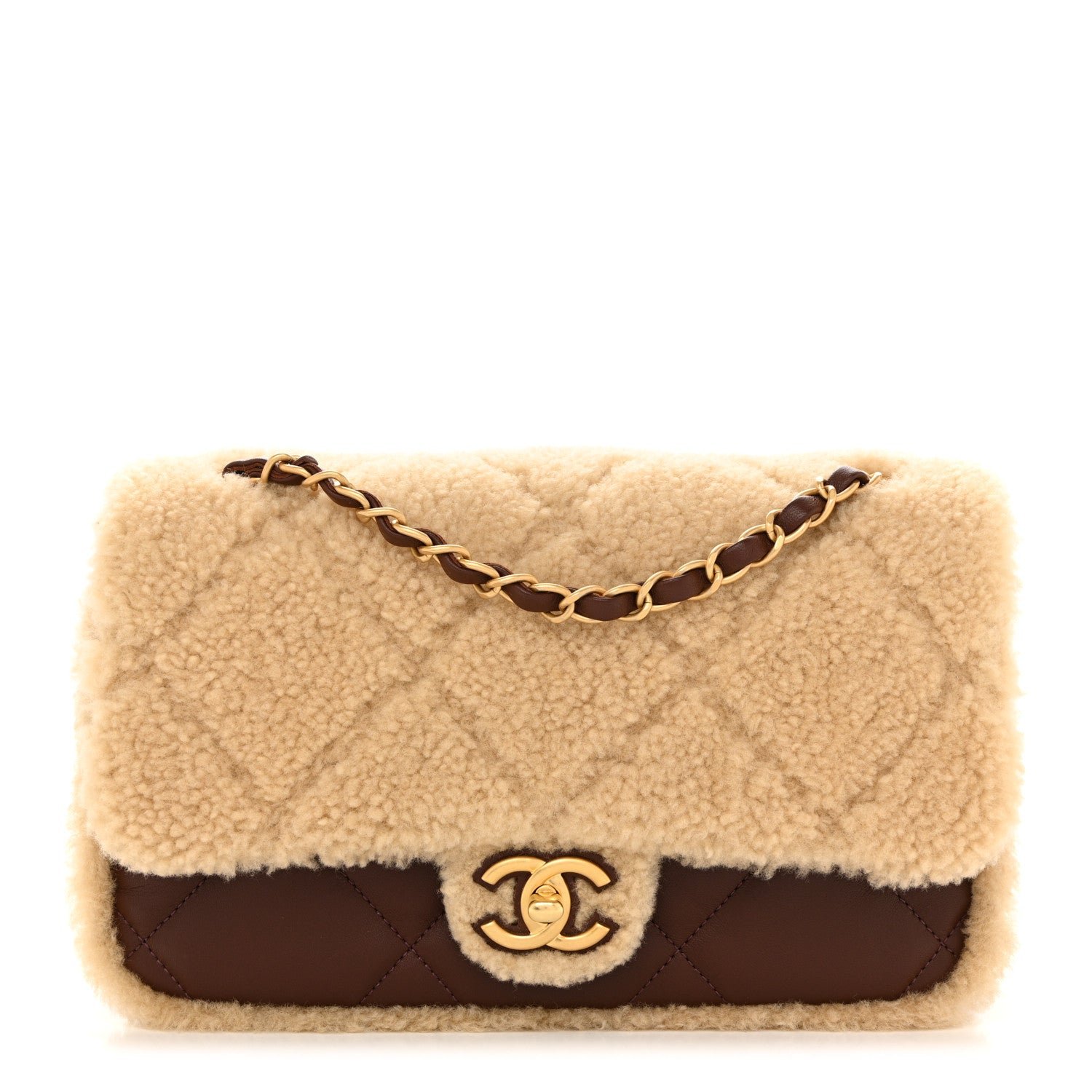 Chanel Shearling Lambskin Quilted Furry Coco Flap Beige Dark Brown