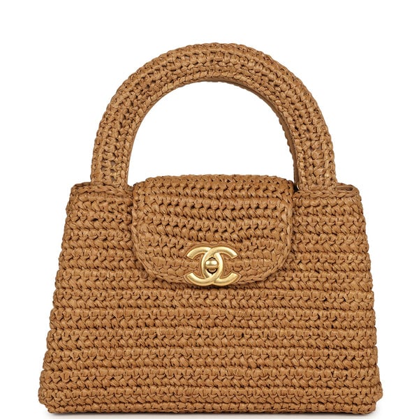 Chanel Small Kelly Dark Beige Raffia Brushed Gold Hardware