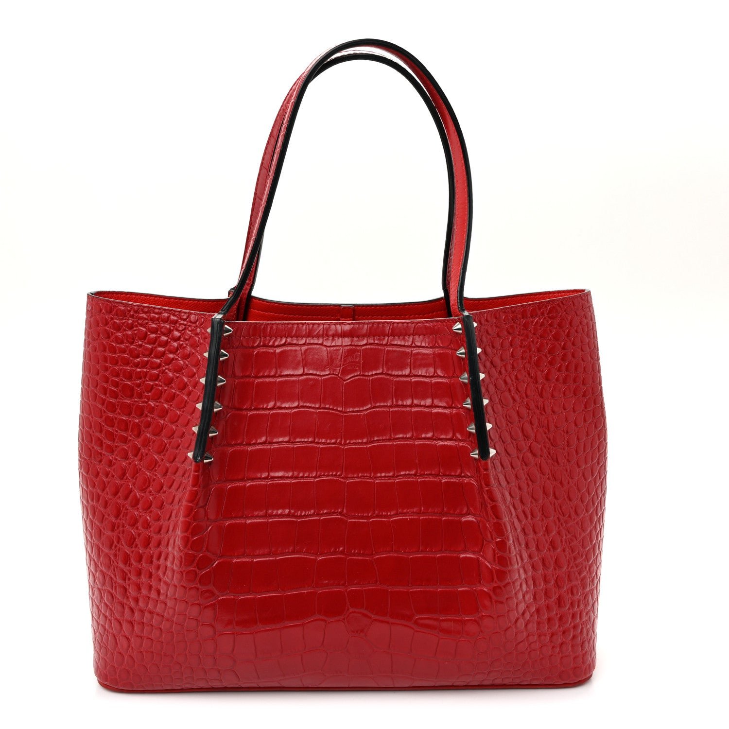 Christian Louboutin Christian Louboutin Crocodile Embossed Calfskin Spiked Small Cabarock Shopper Tote Red