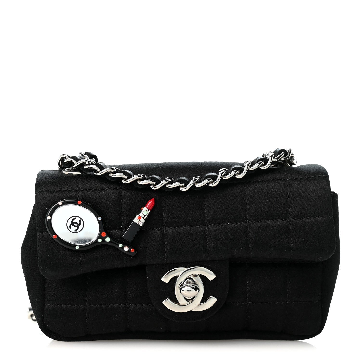 Satin Square Quilted Lipstick Charm Mini Flap Black