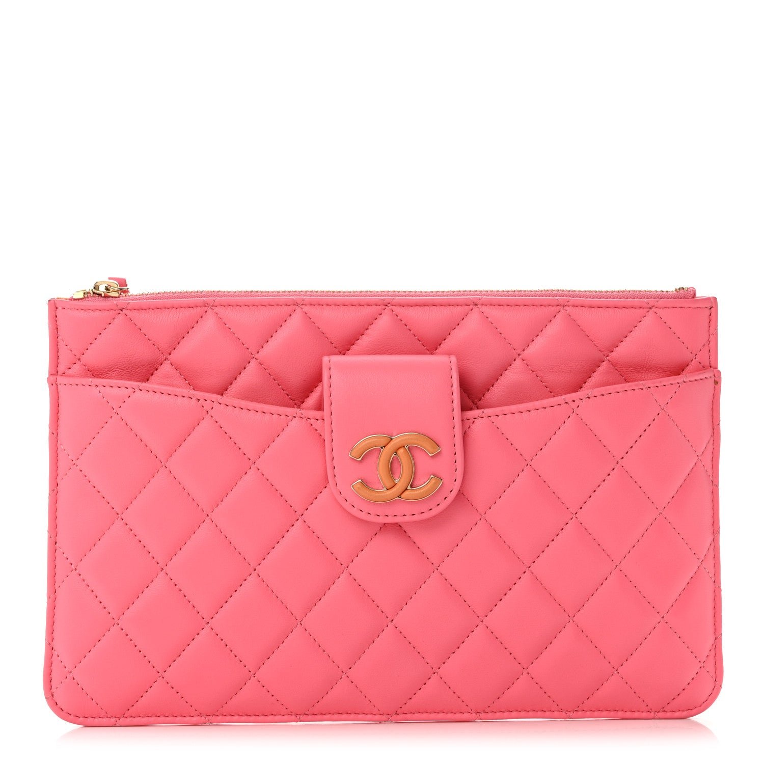 Chanel Lambskin Quilted Sunset Boulevard Pouch Case Coral Orange