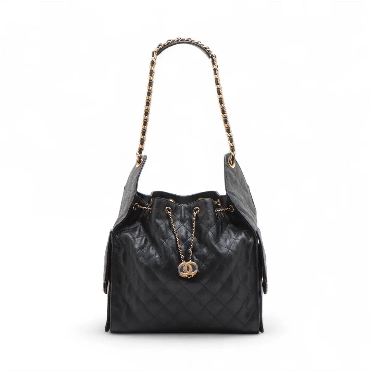 Chanel Chanel 25 Medium Caviar Skin Chain Shoulder Bag Black Gold Metal Fittings