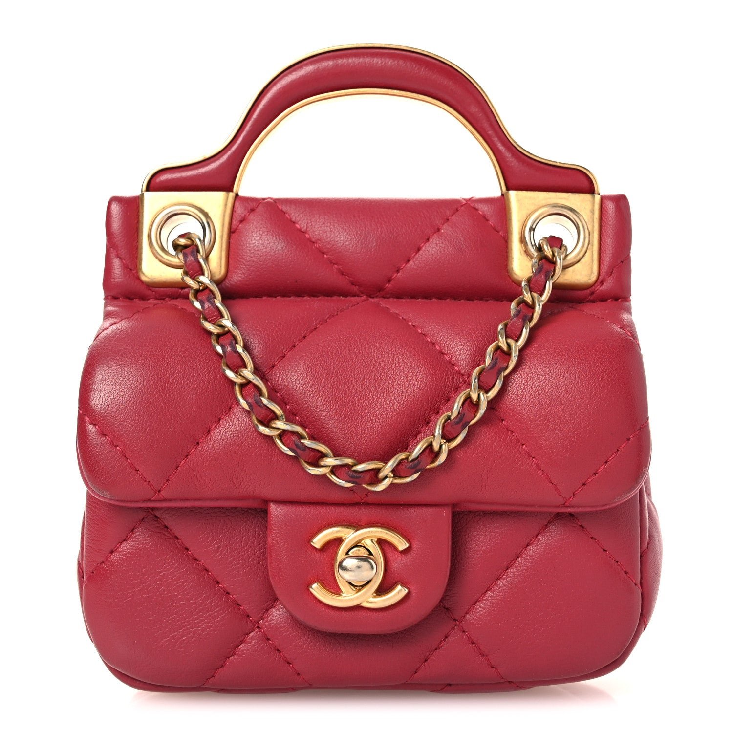 Chanel Calfskin Quilted Lady Handle Flap Card Holder With Chain Dark Pink