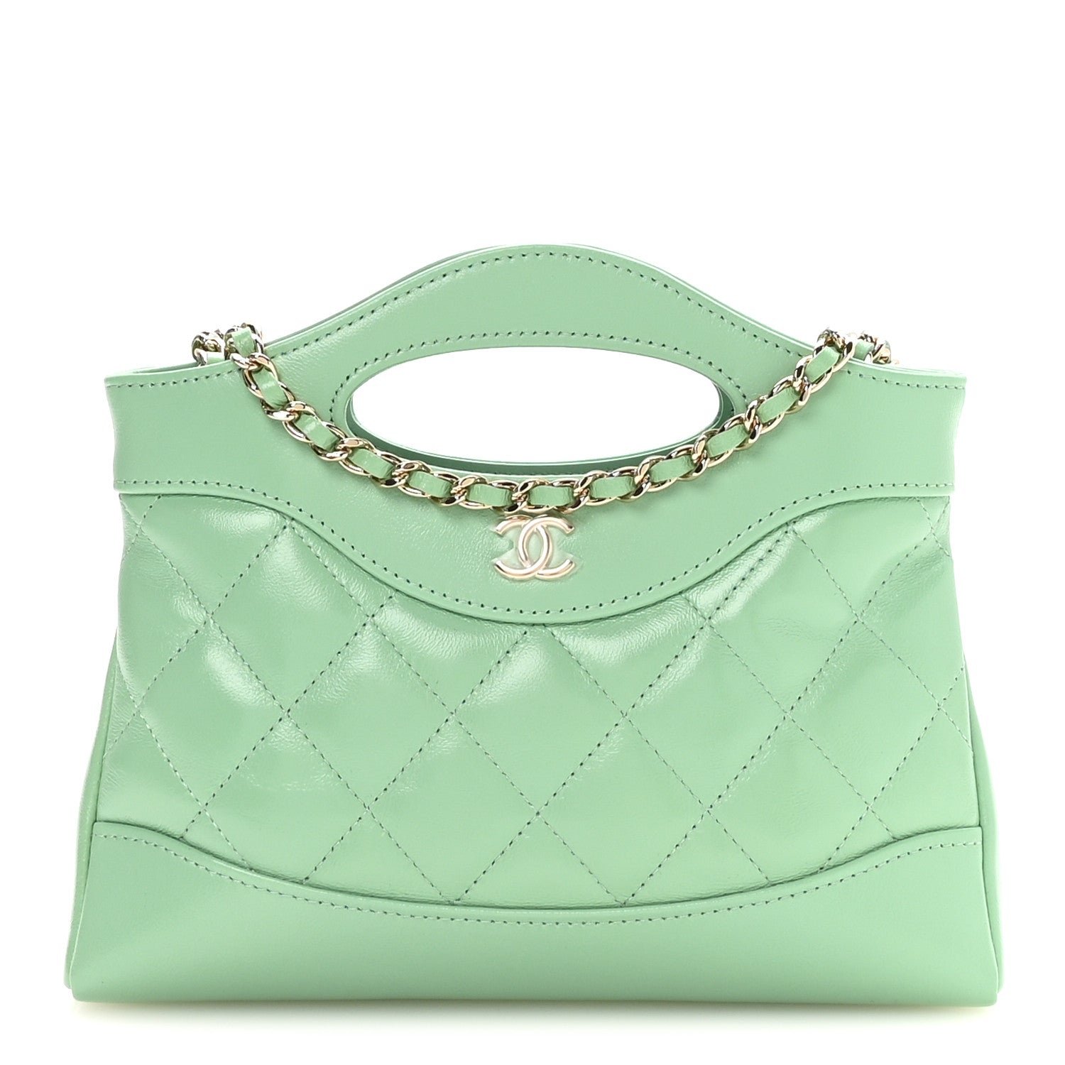 Chanel Shiny Crumpled Calfskin Quilted Nano 31 Shopping Bag Light Green