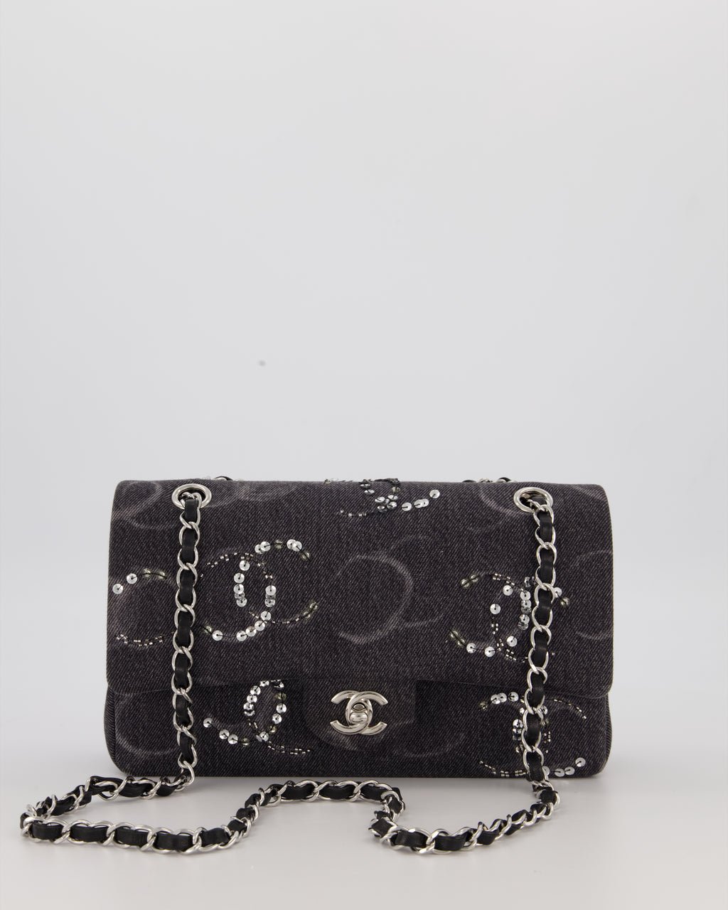 Chanel Denim Charcoal Medium Double Flap Bag with Silver Hardware and Sequin CC Detail