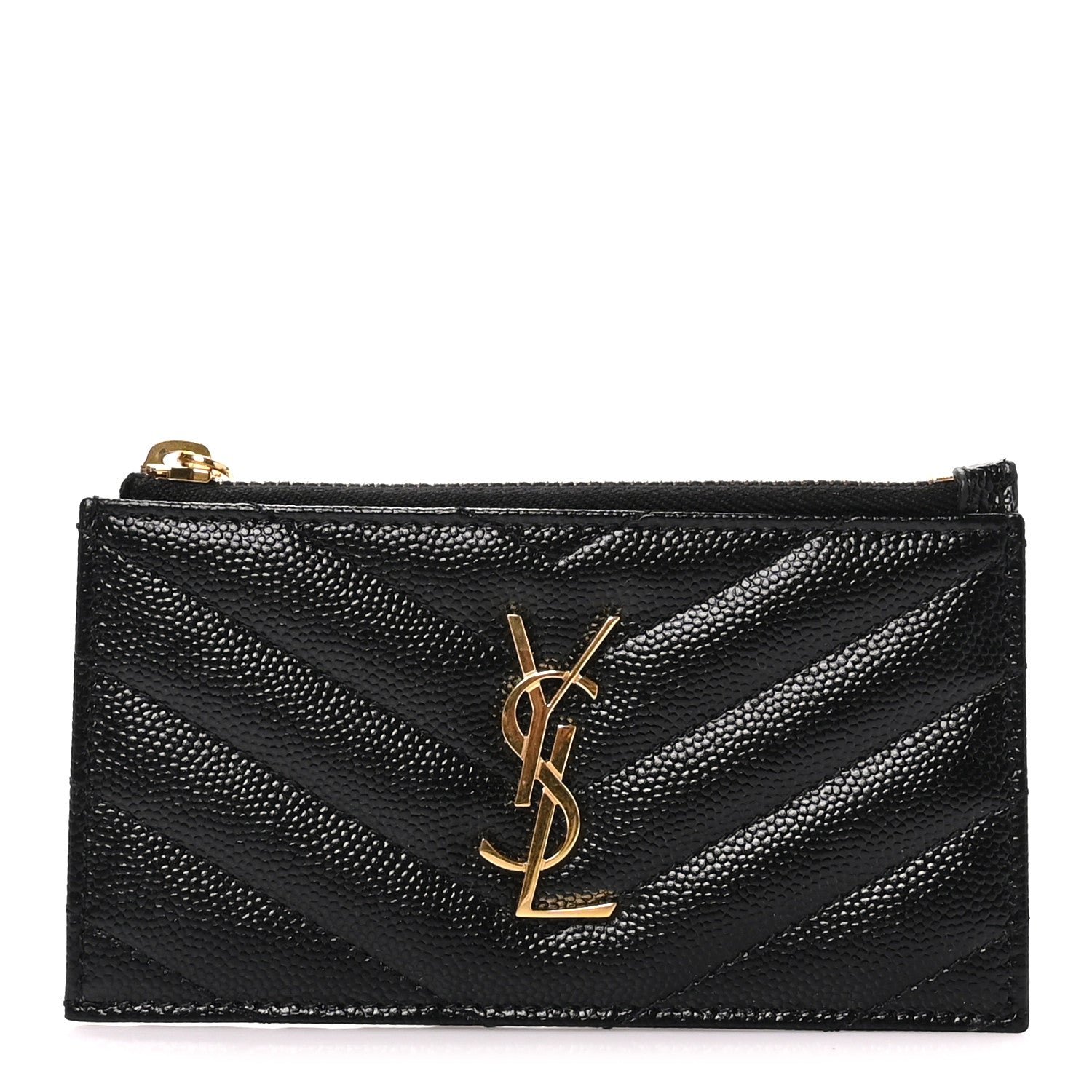 Saint Laurent Grain De Poudre Matelasse Chevron Monogram Fragments Zippered Card Case Black