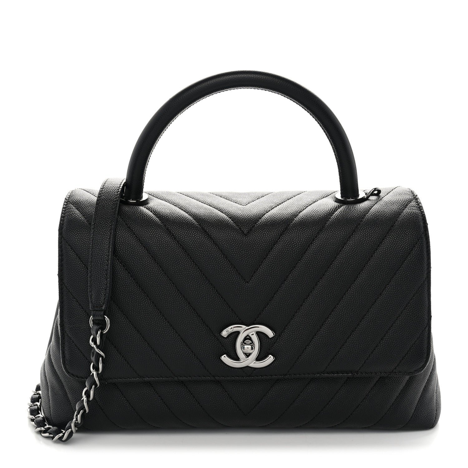 Chanel Caviar Chevron Quilted Small Coco Handle Flap So Black