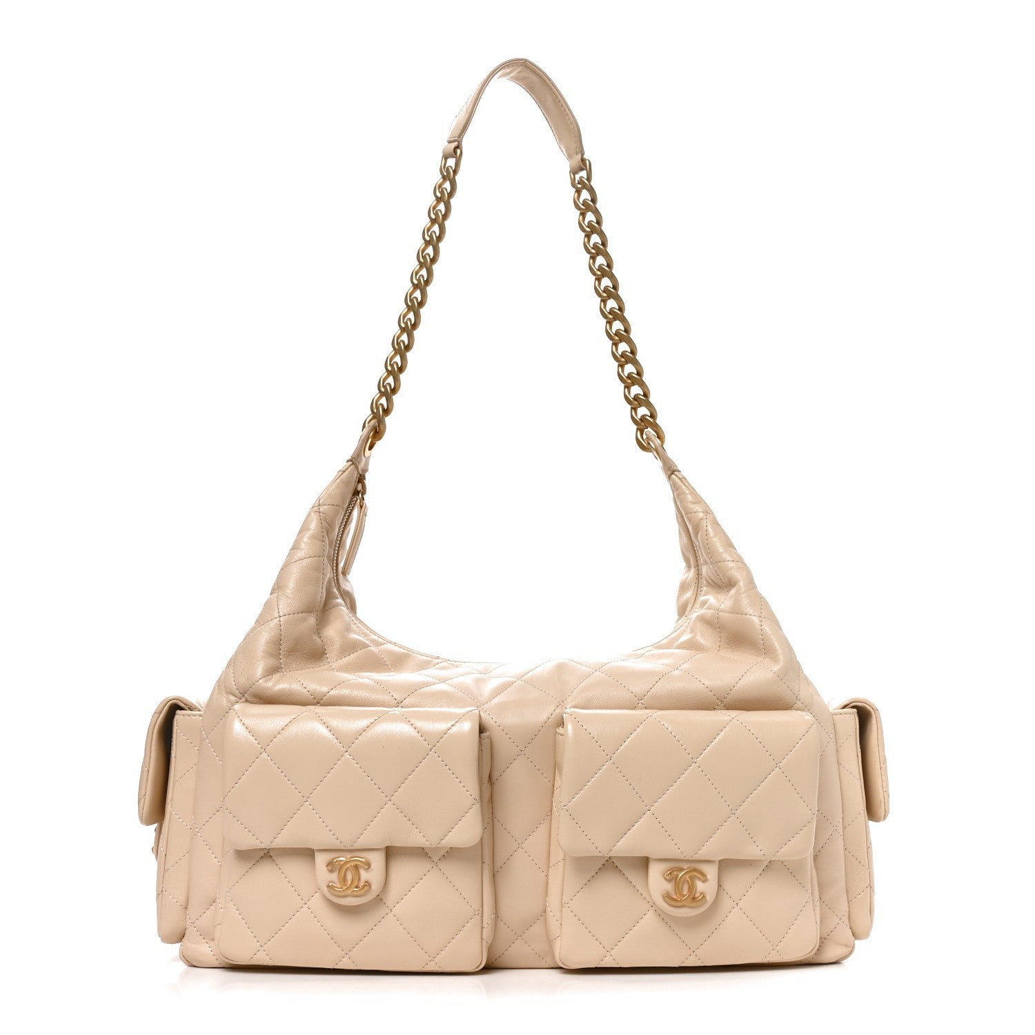 Chanel Shiny Lambskin Quilted Maxi Trendy Pockets Hobo Beige