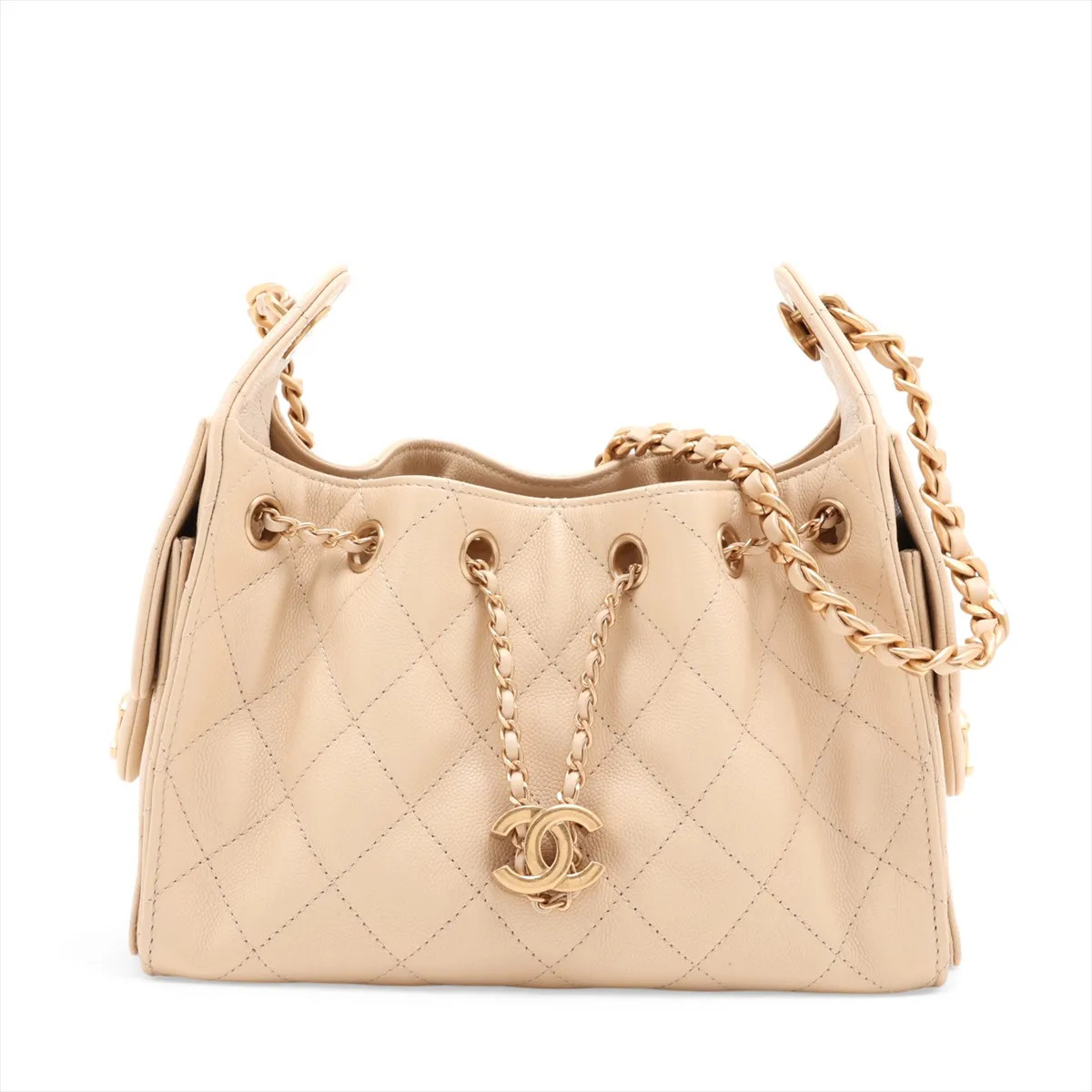 Chanel Chanel 25 Mini Caviar Skin Chain Shoulder Bag Beige Gold Metal Fittings r
