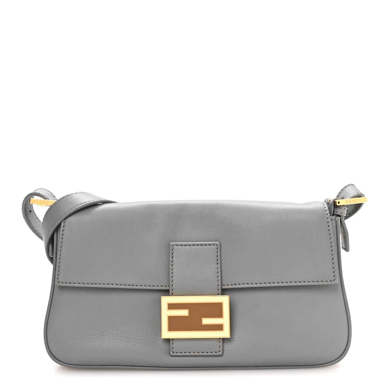 Fendi Vitello Flamingo Enamel Interchangeable Strap Baguette Grigio Chiaro Latte Tabacco