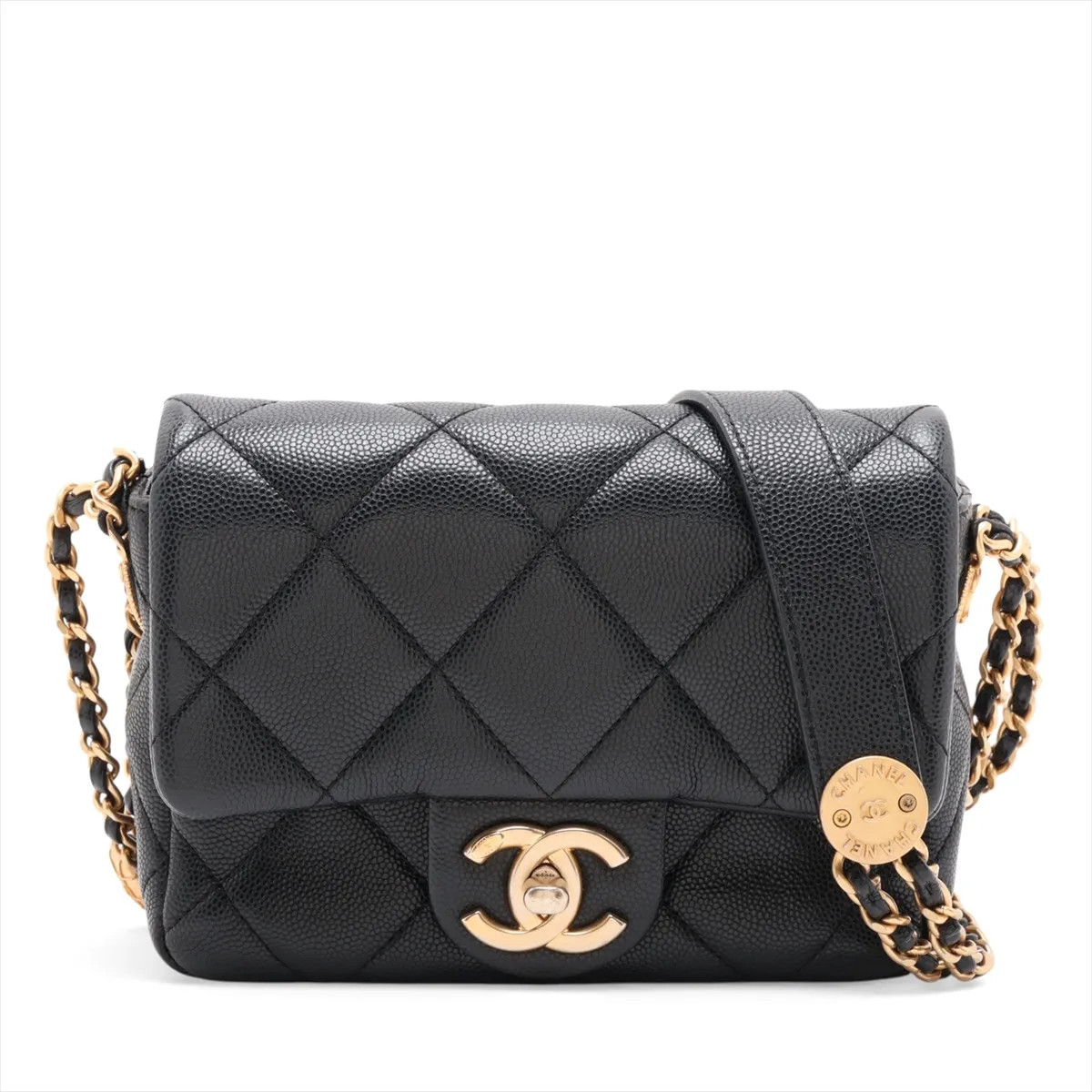 Chanel Mini Matelasse Caviar Skin Chain Shoulder Bag Black Gold Metal Fittings r