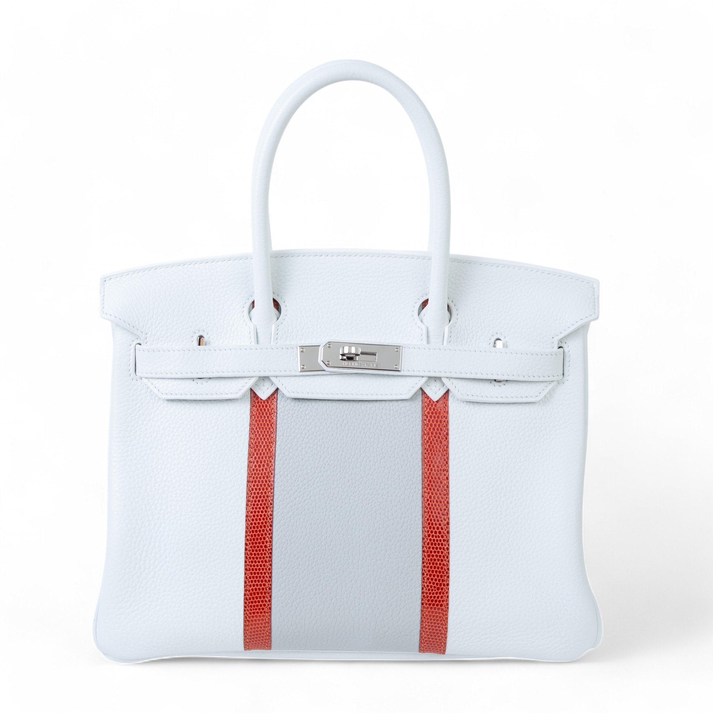 Hermes Very Good ( Rank A)  HERMÈS  Birkin 30 White (01) Sanguine (9M) Gris Perle (80) Clemence Lizard Palladium hardware Square Q (2013)
