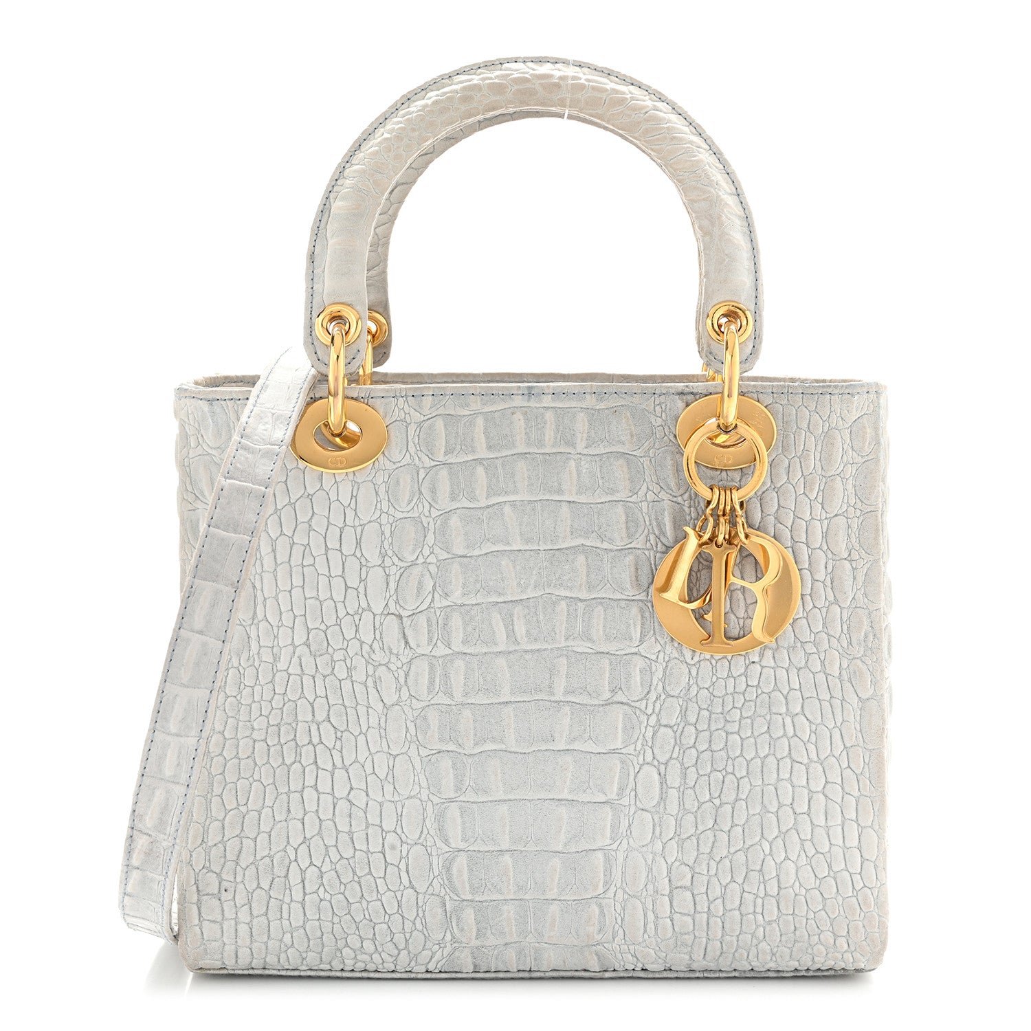 Christian Dior Calfskin Alligator Embossed Medium Lady Dior Light Blue