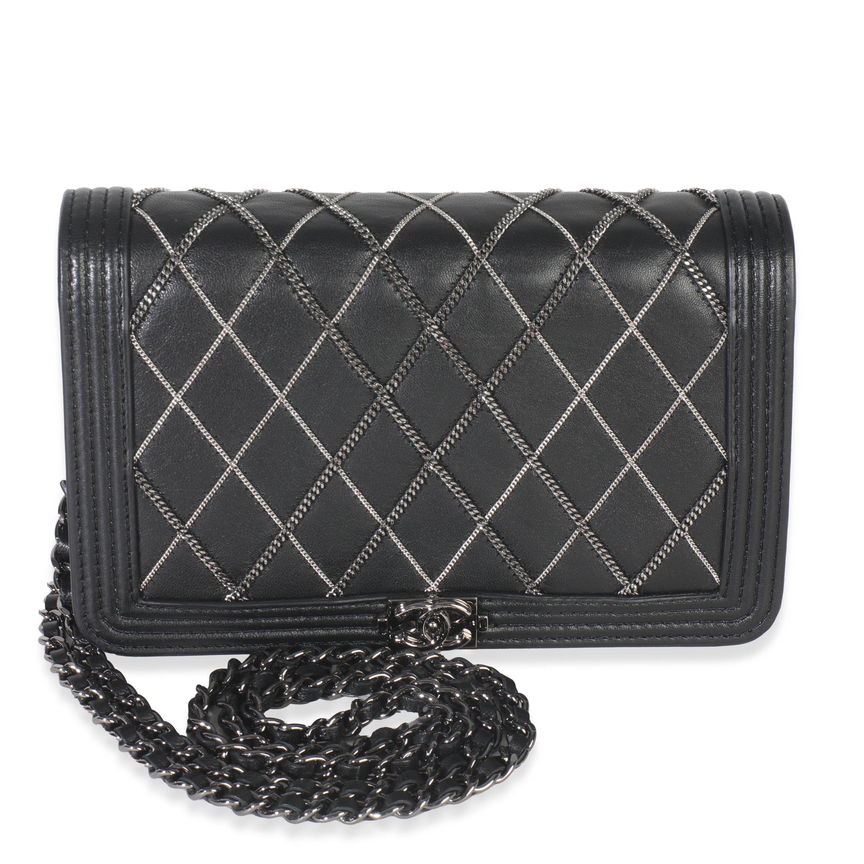 Chanel Black Quilted Chain Lambskin Boy Wallet On Chain