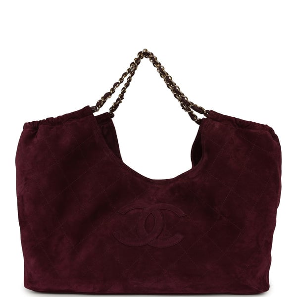 Chanel Maxi CC Cabas Hobo Bag Burgundy Suede Gold Hardware