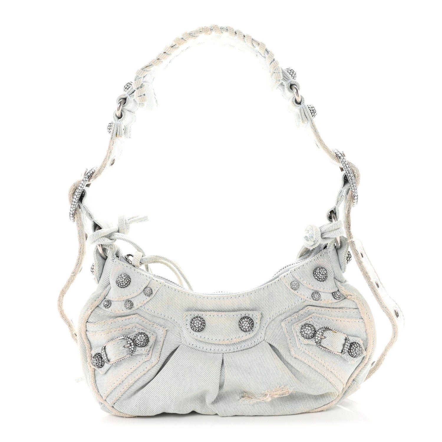 Balenciaga Washed Frayed Denim Crystal XS Le Cagole Shoulder Bag Pale Blue