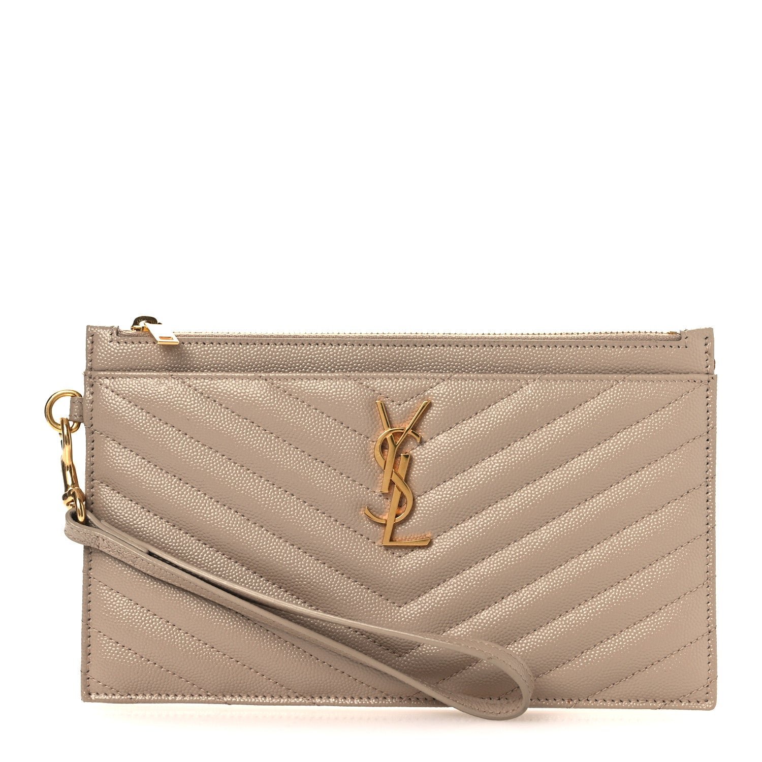 Saint Laurent Grain De Poudre Chevron Monogram Large Bill Pouch Dark Beige