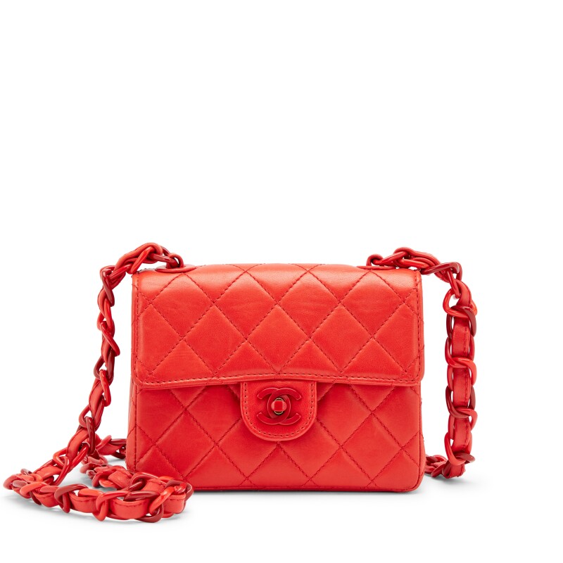 Vintage Red Quilted Lambskin Mini Square Classic Single Flap Bag Red Resin Hardware, 1997-1999