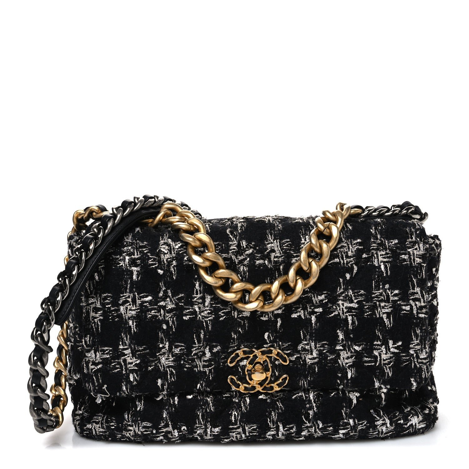 Chanel Tweed Quilted Large Chanel 19 Flap Black Silver Ecru