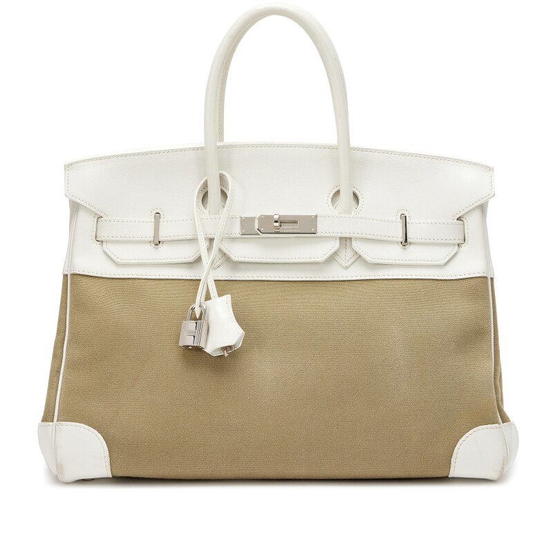 Hermes Blanc White Swift Vert Miliatire Toile Birkin 35 Palladium Hardware, 2007
